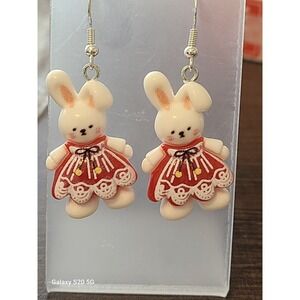 White Rabbit Bunny Red Dress Lace Detail Drop Dangle Earrings Silver Tone Hook